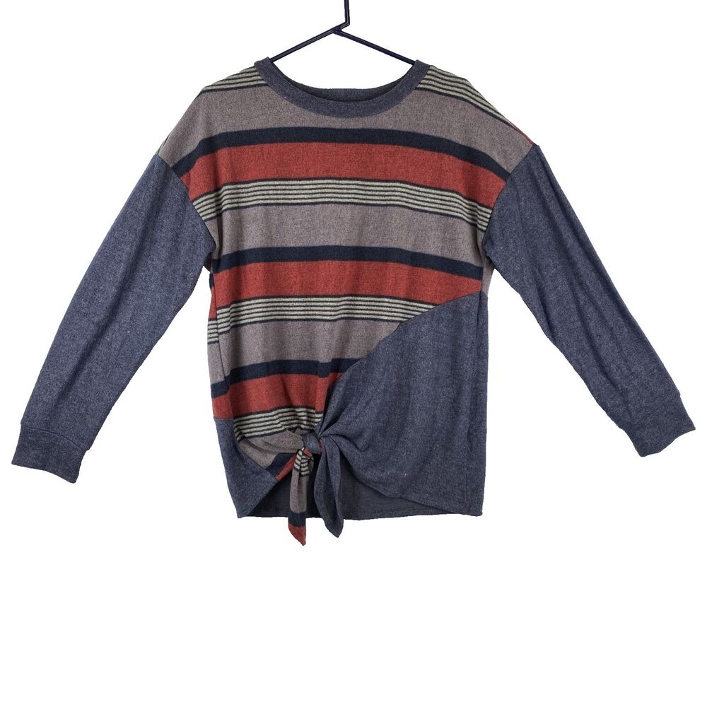 Women’s Long Sleeve Striped Top Navy Rust Tie Front Detail Size M Runs Large - Picture 2 of 9